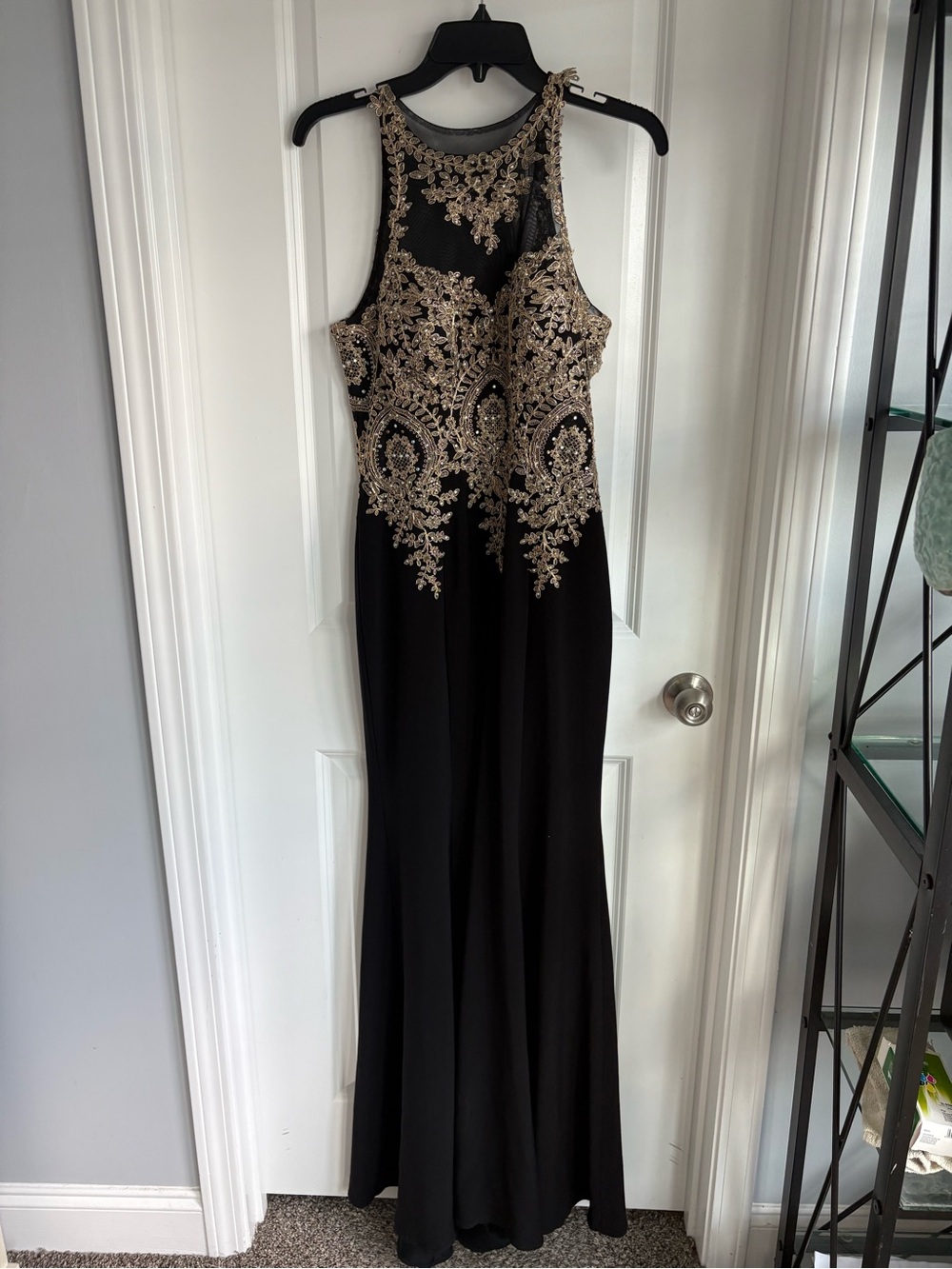 Xscape Black Gown with Gold Embroidered Bodice